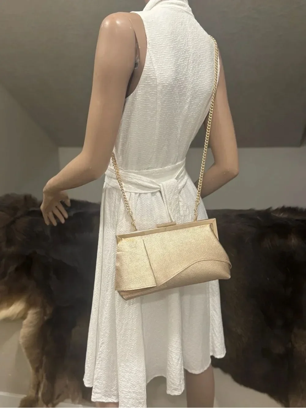 Gold Pebble Leather Handmade Asymmetrical Ruffles Push Lock Frame Bag